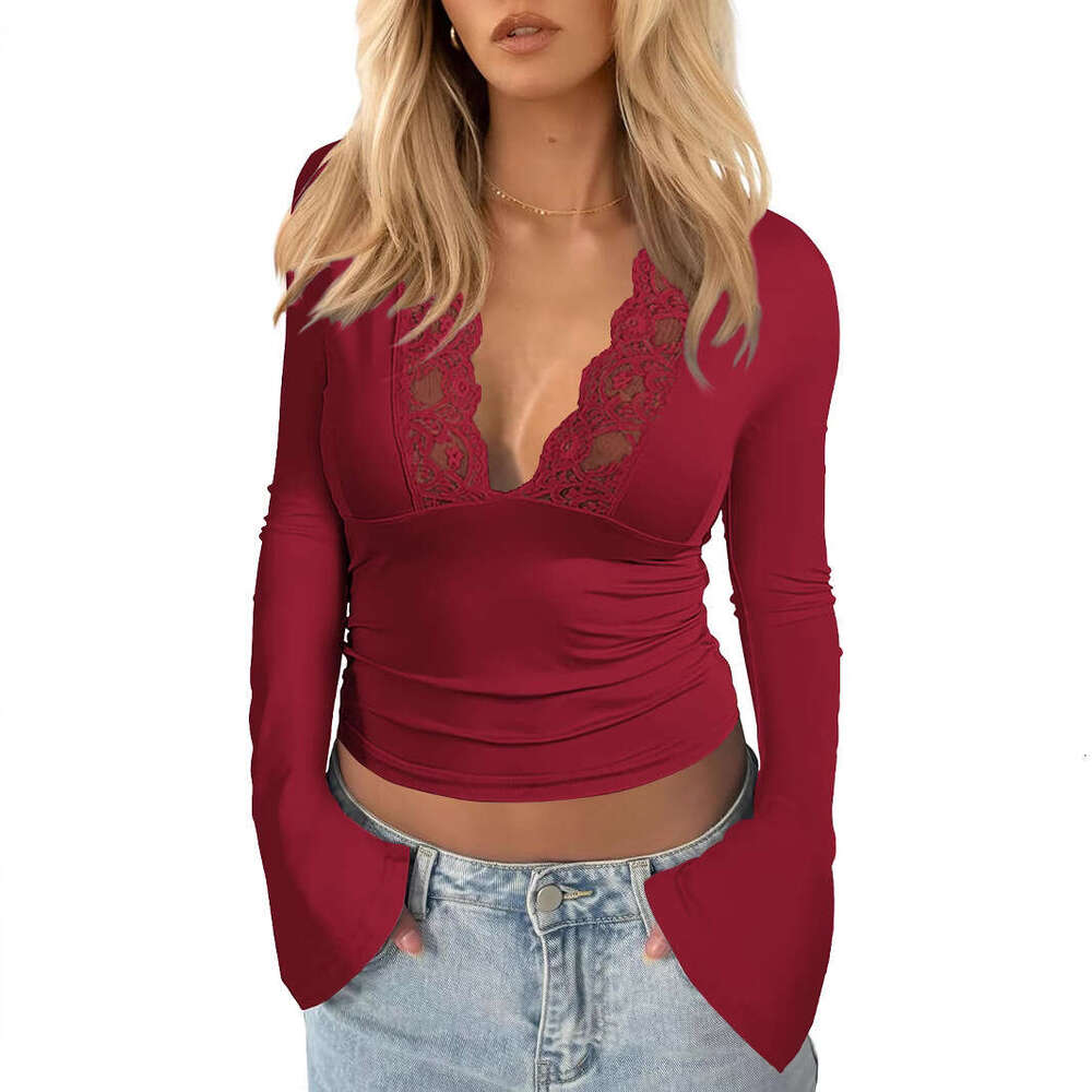 New fashionable V-neck base shirt sexy spicy girl long sleeved slim fit patchwork lace top for women