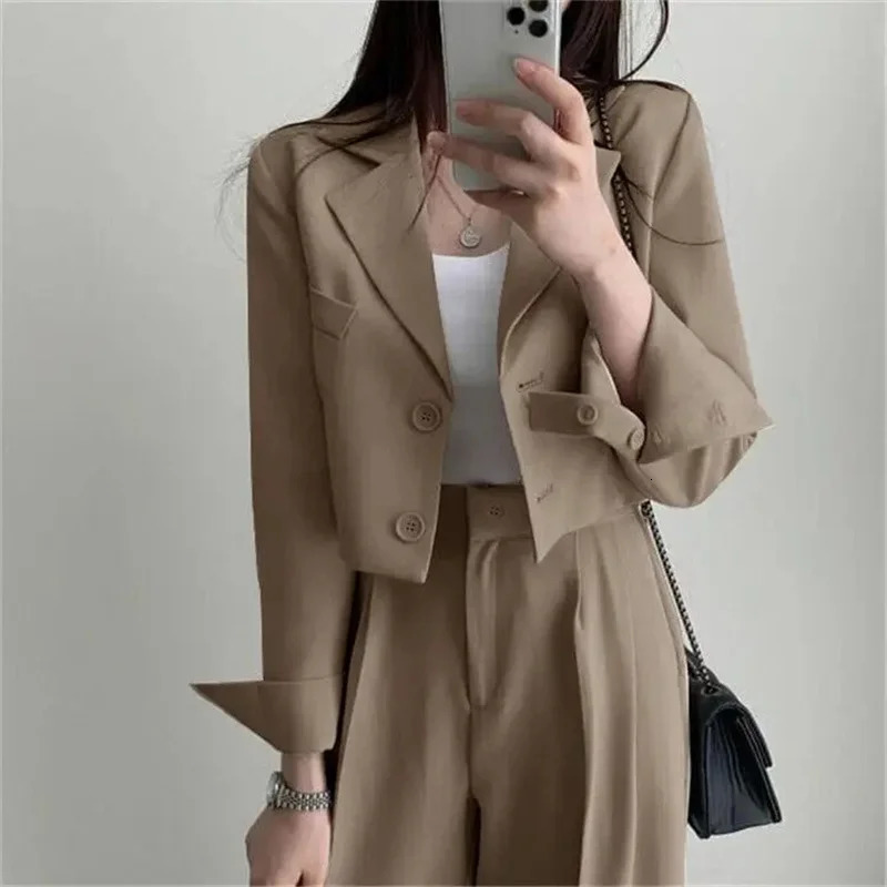 Summer Short Top Jacket Wide Leg Pants Two Piece Elegant Womens Office Casual Set 250225