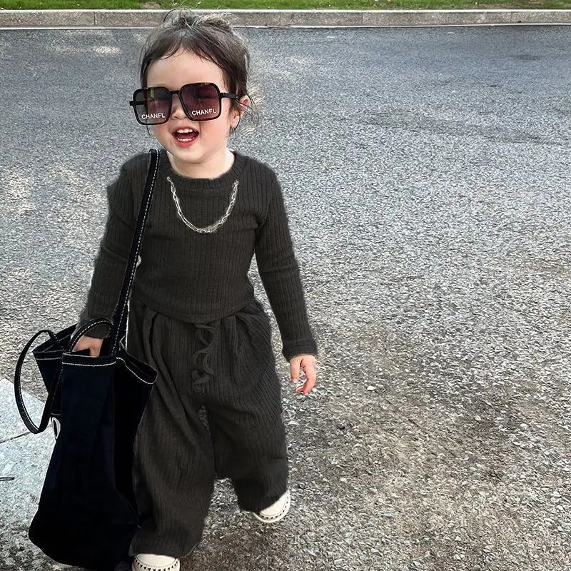 Baby Fashion Set Children Round Neck Long-Sleeved Top Solid Color Pant Suit Spring Autumn Thin Girls Casual Sports 2Pcs 2-8Y 250304