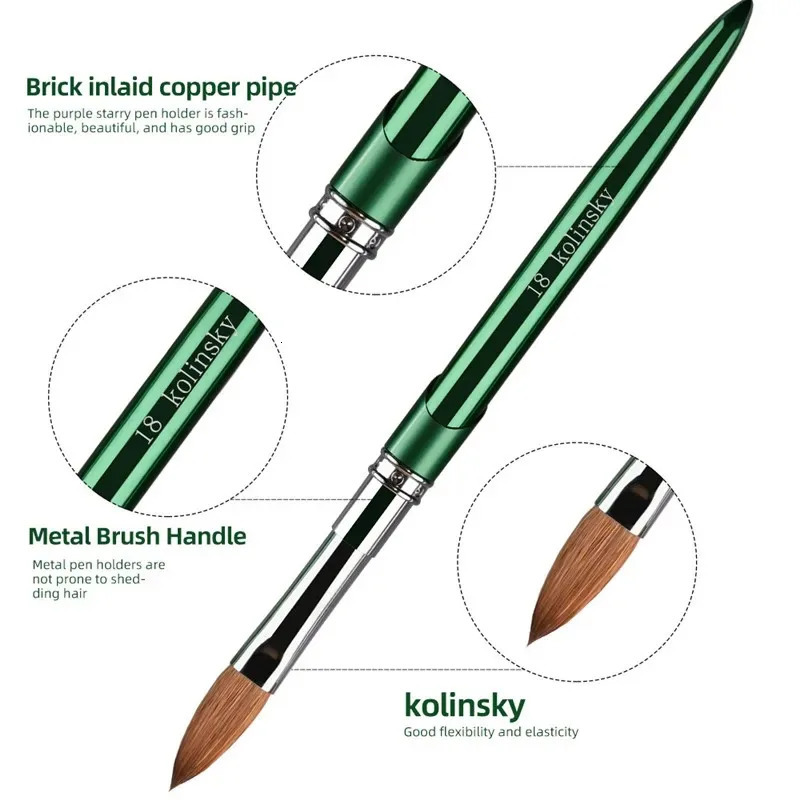 100% Kolinsky Acrylic Nail Brush 1Pcs Green Crimped Metal Handle Drawing Brush for Acrylic Powder Size 2-18 250304