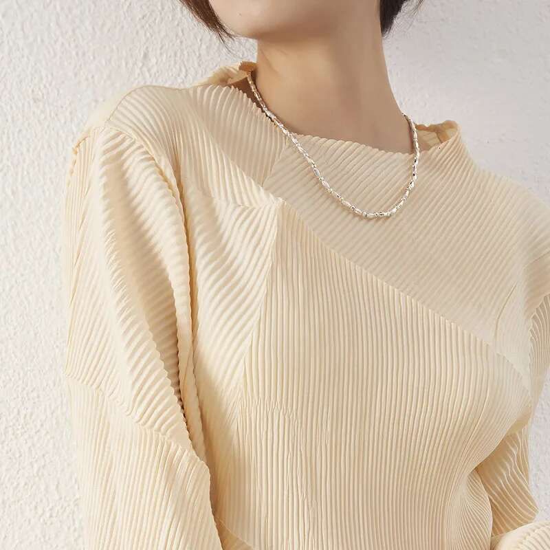 Miyake Pleats Hand Geometry Pleated Tops 2023 Spring New Irregular Designer Long Sleeve Loose Causal T-Shirt