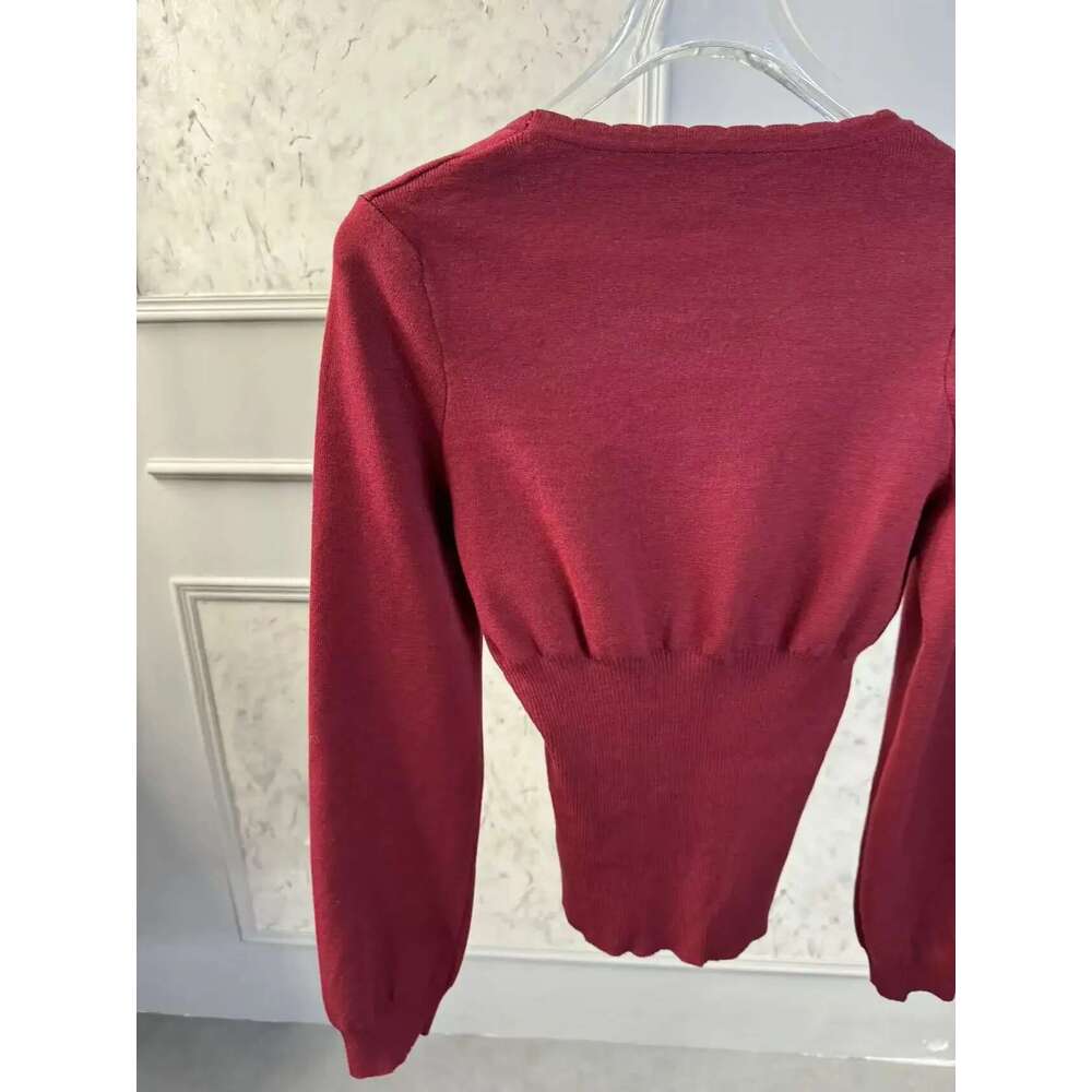 Women 2025 Autumn And Winter New Elastic Thread Waist Knitted Round Neck Lace-Up Long Sleeve Top