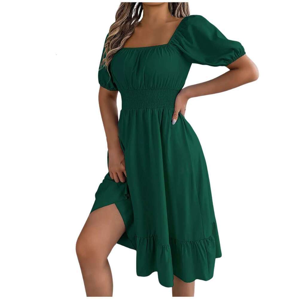 Elegant Women Spring Summer Puff Sleeve A e Vestidos Square Neck Tie Waist Ruched Casual Solid Long Dress