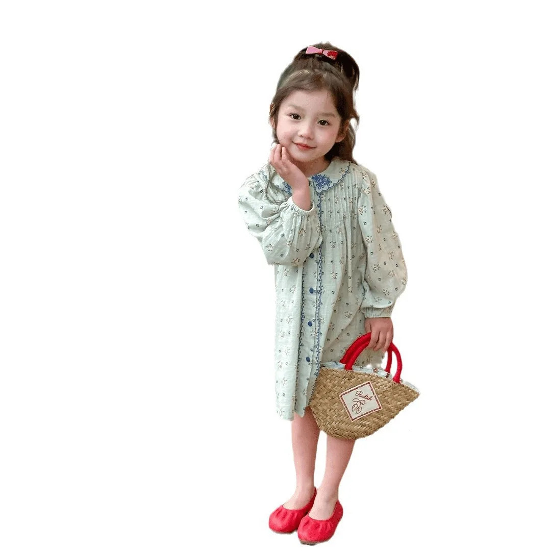 Spring Babys Girls Princess Dress Turn Down Collar All Printed Toddler Sweet Single Breasted Childrens Dresses 250303