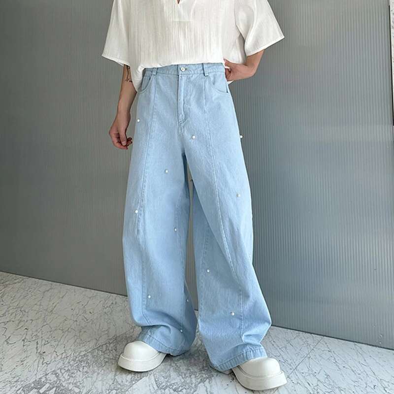 LUZHEN 2025 Stylish Plain Pearl Patchwork Design Casual Denim Pants Wide Leg Men's Street Baggy Trendy Straight Jeans New Lz3215