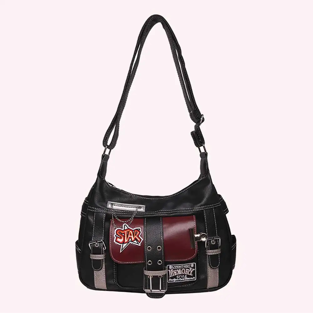 Ship from US Womens PU Leather Punk Shoulder Bag Y2K Horizontal Zipper Handbag with Adjustable Stray 250304FBB