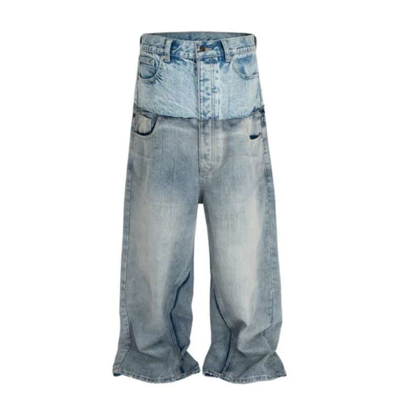 HKSH Spring Autumn New Men's Tide Punk Ripped Denim Pants Women's Spliced Double Layer Waist Baggy Jeans Streetwear Chic Hk3747