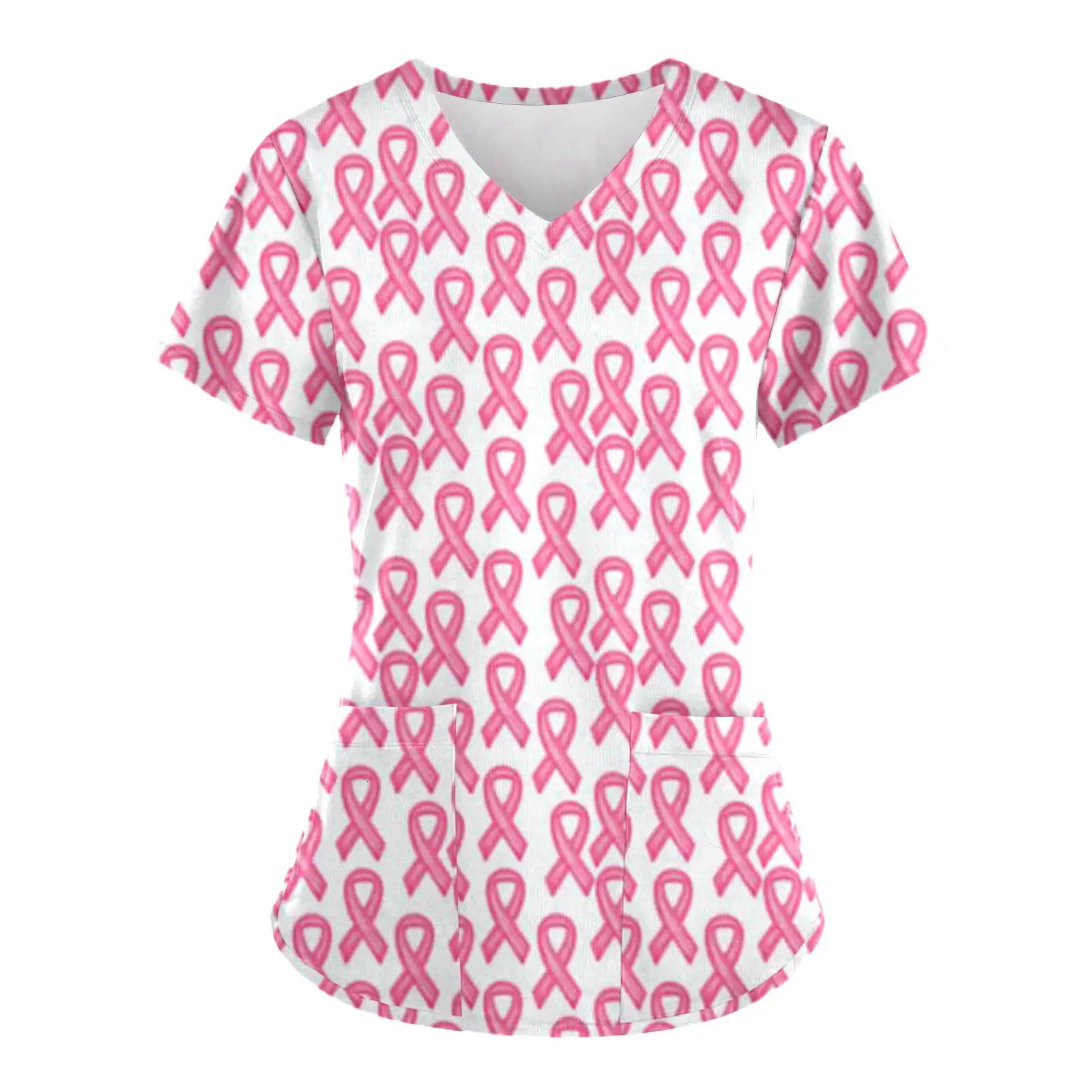 Scrubs Uniform Pink Ribbon Cancer Fighter Graphic Womens Uniforms V Neck Short Sleeve Tops with Pockets Scrubs for Wome 250303