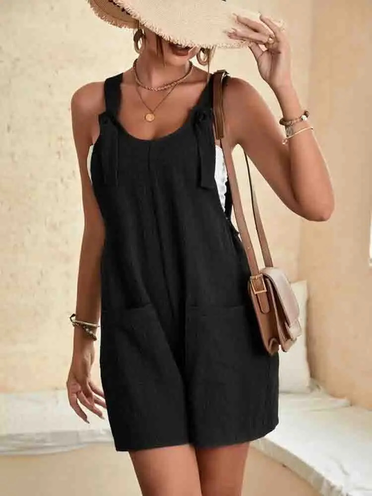 Womens Casual Summer Short Rompers Overalls Loose Sleeveless Tie Knot Strap Jumpsuits with Pockets 250303