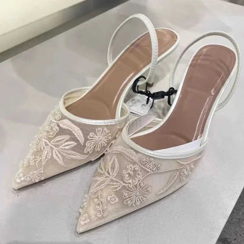 Mesh Embroidered Brand Sandals Wen String Bead Thin H Mes Shoes Pointed Toe Slingback Slippers Wen Zapatos De Mujer Z250304