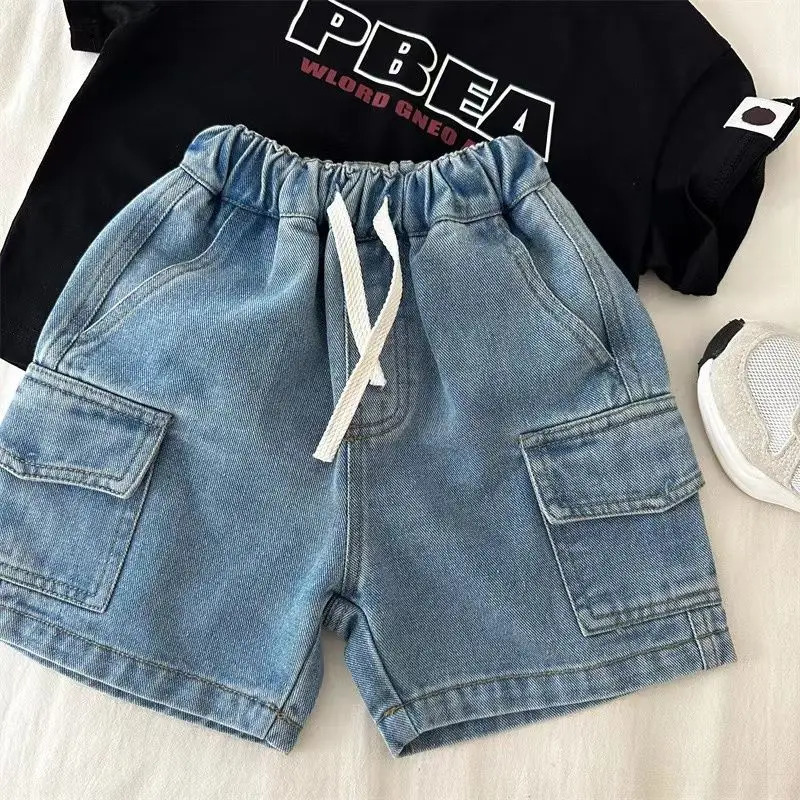 Boys Girls Denim Shorts Summer Elastic Waist Drawstring Solid Color Pocket Cargo Jeans Baby Casual 250303