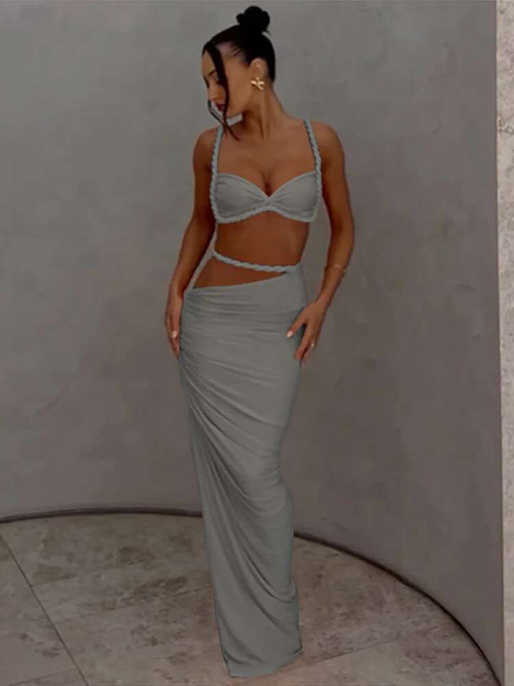 2025 New In Matching Sets Women Elegant Sleeveless Pleated Crop Tops Irregular Waist Long Skirt Vacation Beach Lady Suit Summer