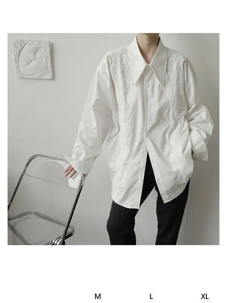 Spring and Autumn White Shirt for Men French Wave Embroidered Long Sleeve Blouse Men Loose Casual Polo Collar Top Men Clothes 250304