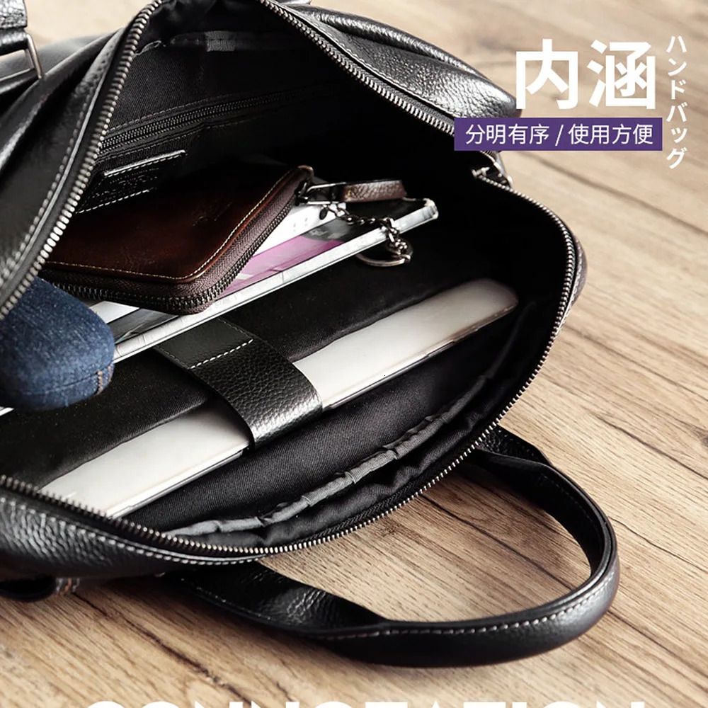Natural Cowskin 100% Genuine Leather Mens Briefcase Fashion Large Capacity Business bag Black Male Shoulder Laptop Bag 250228