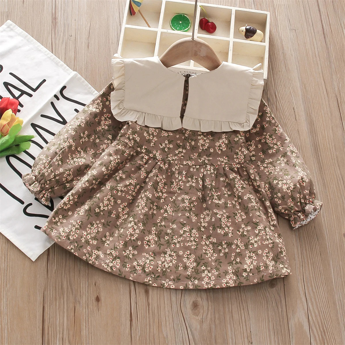 Autumn And Winter Girls Dress Countryside Fragmented Flower Bow Lace Lapel Sweet Long Sleeve Forest Style Wear 250303