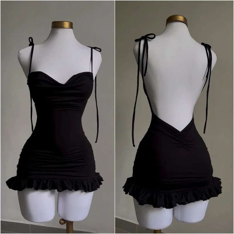 Ruffles Backless Sleeveless Short Dres Y2K Summer Lace Up Bodycon Black Dresses Sexy Elegant Party Vintage Female 250227Z