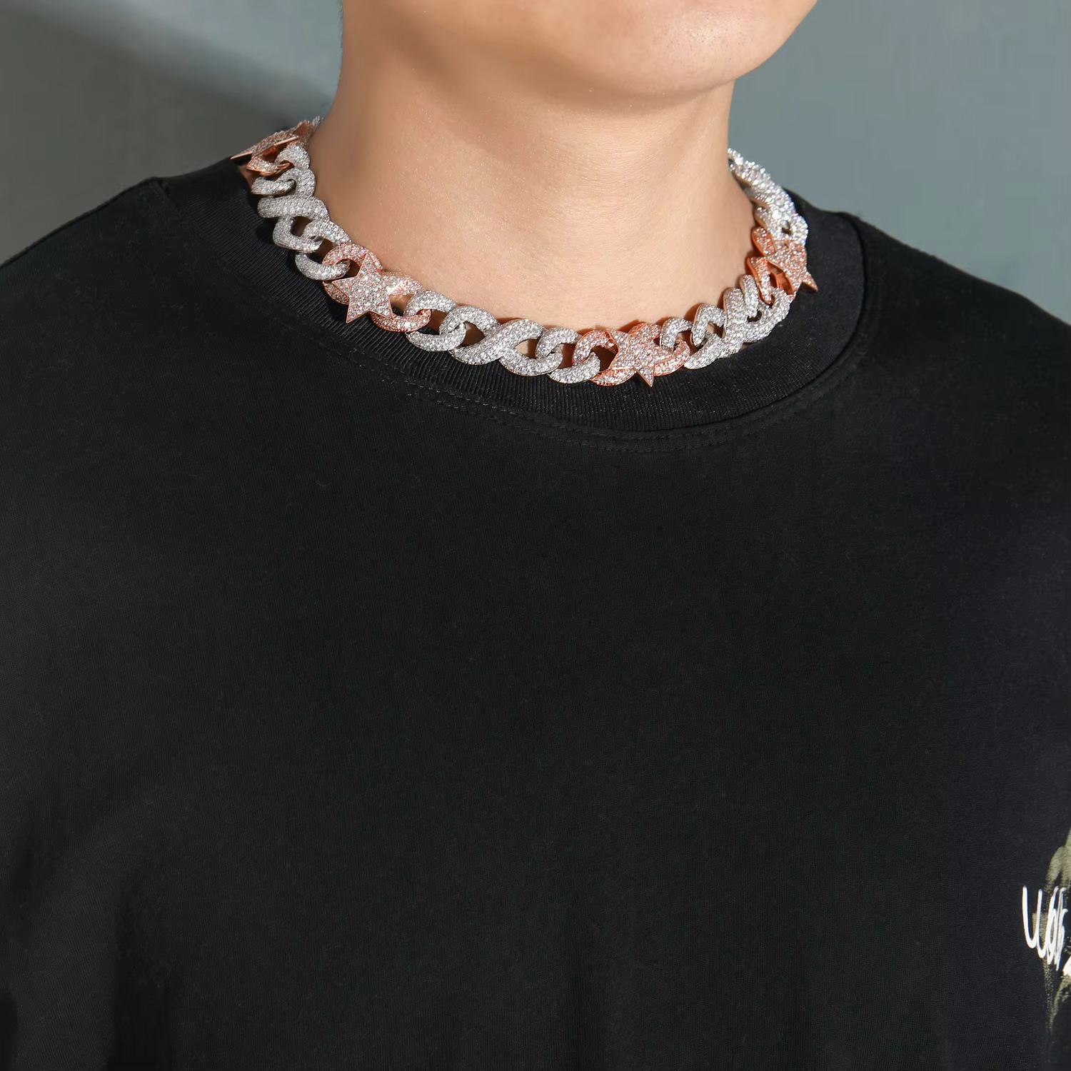 Wholesale White Gold Plated Rhie Hip Hop Moon Iced Out Mossanite Cuban k Chain Two Tone Jewelry Star Necklace for Men