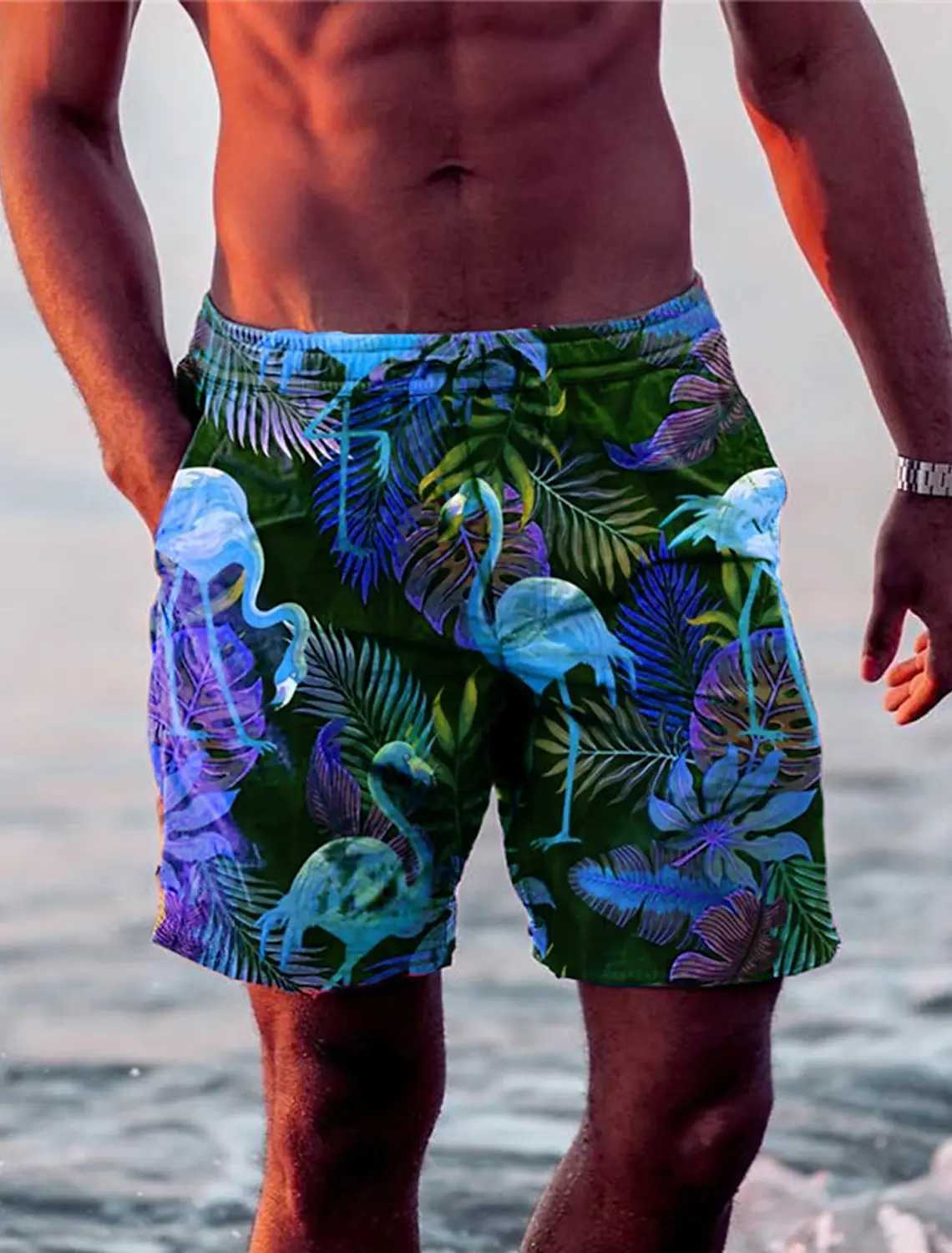 New Mens Shorts Swim Trunks Drawstring Leaf Flamingo Graphics Quick Dry Short Casual Holiday Hawaiian Micro-elasticT250304