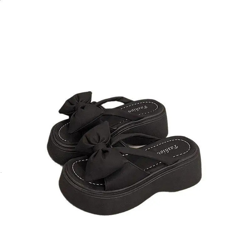 Shoes Ladies Slippers Platform Slides Slipers Women Low Butterfly-Knot Rubber PU Fashion Fabric Hoof Heels 250303