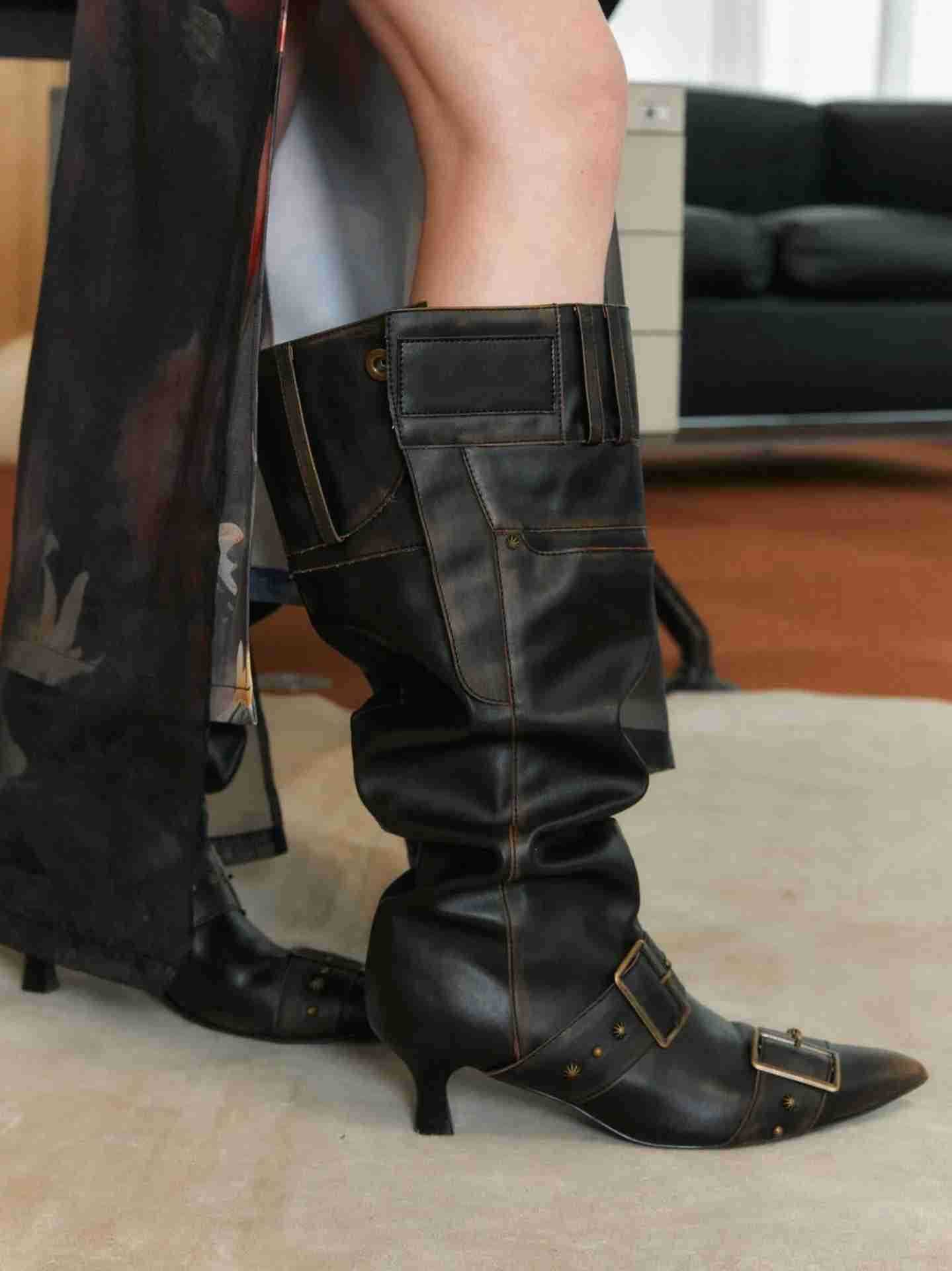 Brand Design Bronze Kitten H Wide Calf Pleated Boots Elegant Pointy Toe Modern Lady Mid-calf Boots Shoes Buckle Decor Z250304