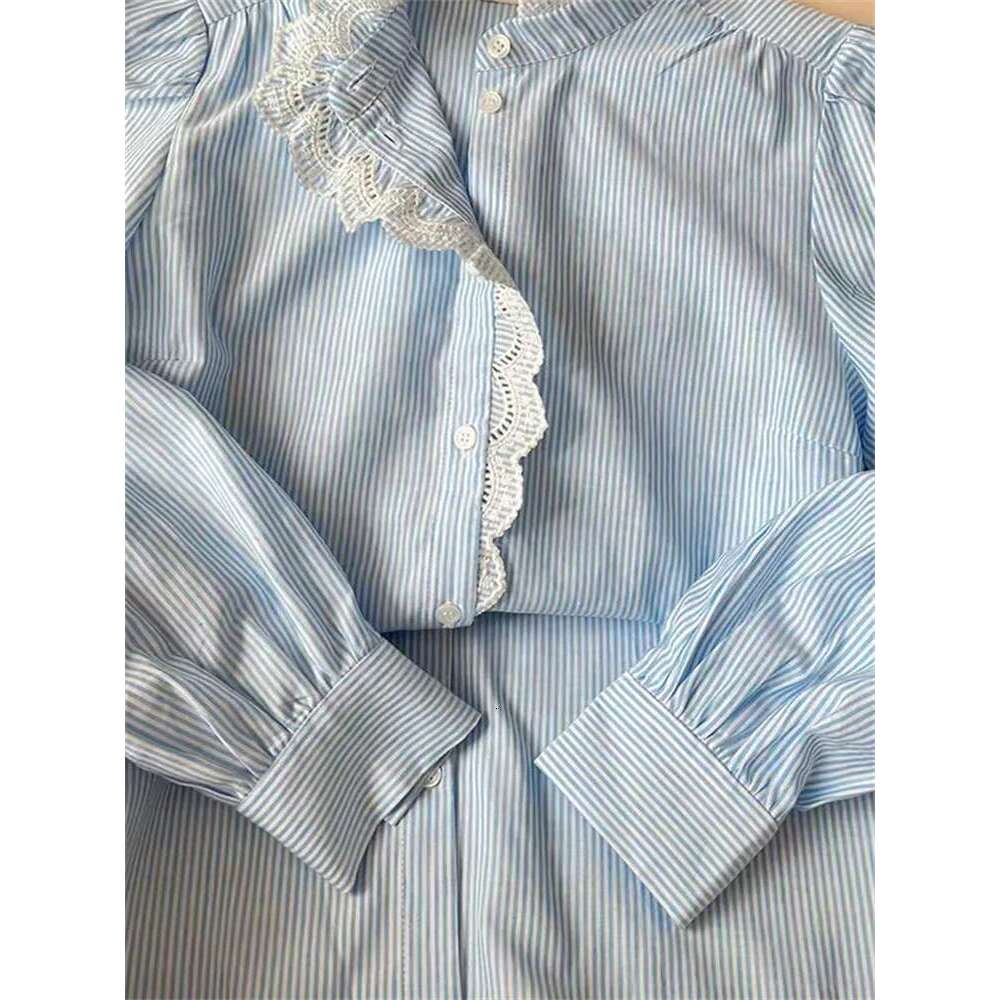 Women Stand Collar Striped Shirt 2025 New Lace Trim Ing Single-Breasted Lady Long Sleeve Blouse And Tops