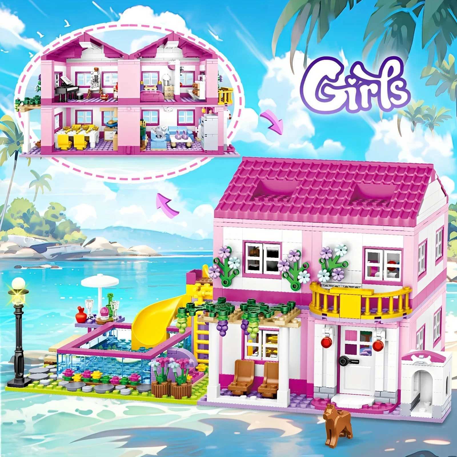 Friends City Street View House Summer Holiday Villa Castle Model Building Block Sets Figures DIY Bricks Toys for Kids Girls GiftT250304