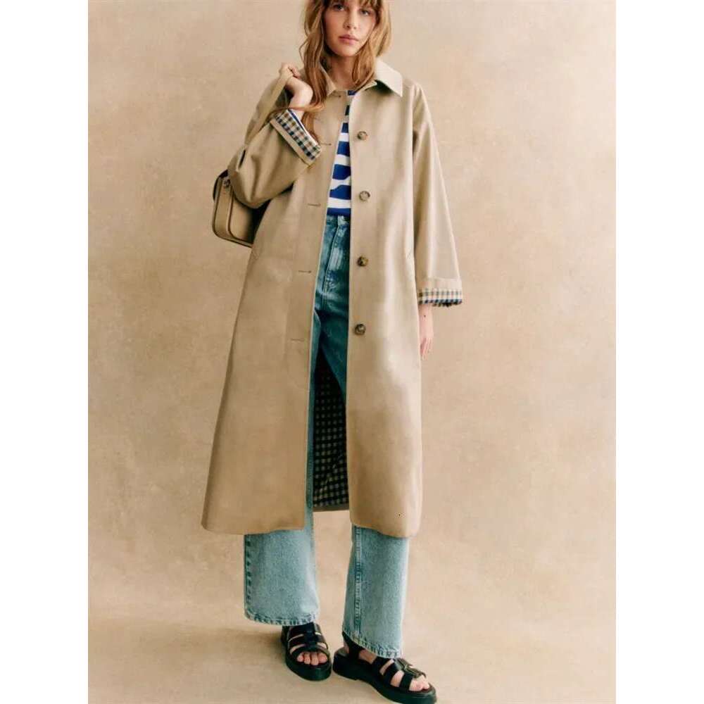 Women French Contrast Color Plaid Long Trench Coat Single-Breasted Turn-Down Collar Lady Mid-Length Windbreaker Jacket Tops