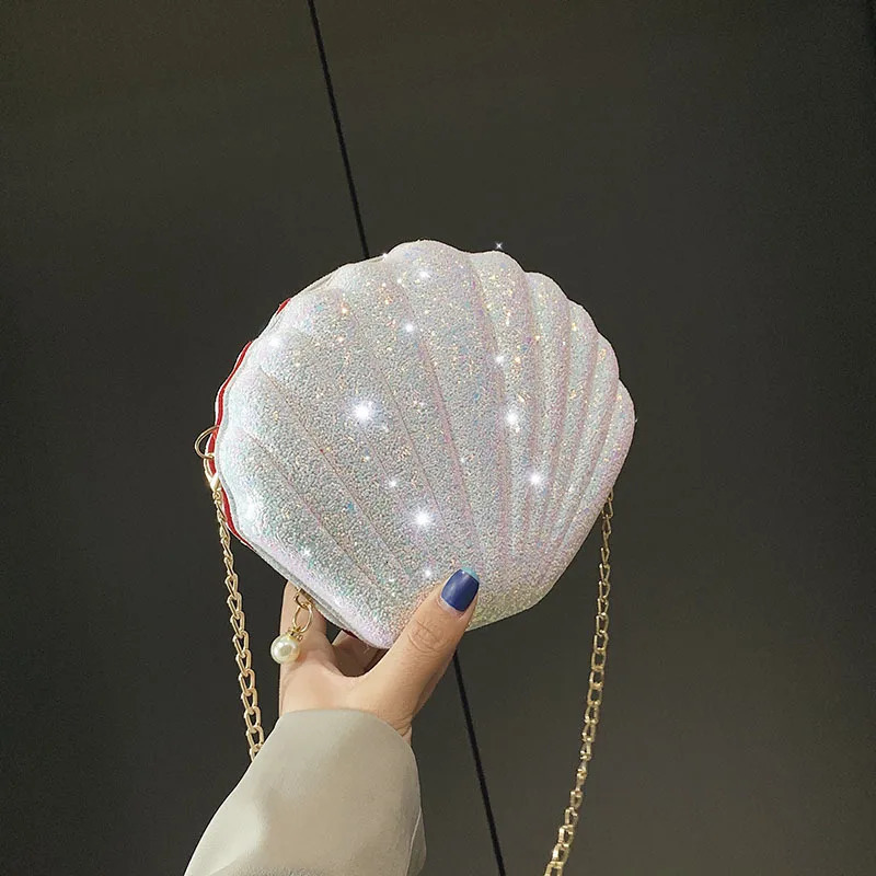 Womens shoulder bag shell chain cute sequin mobile phone money zipper cross shaped 250303