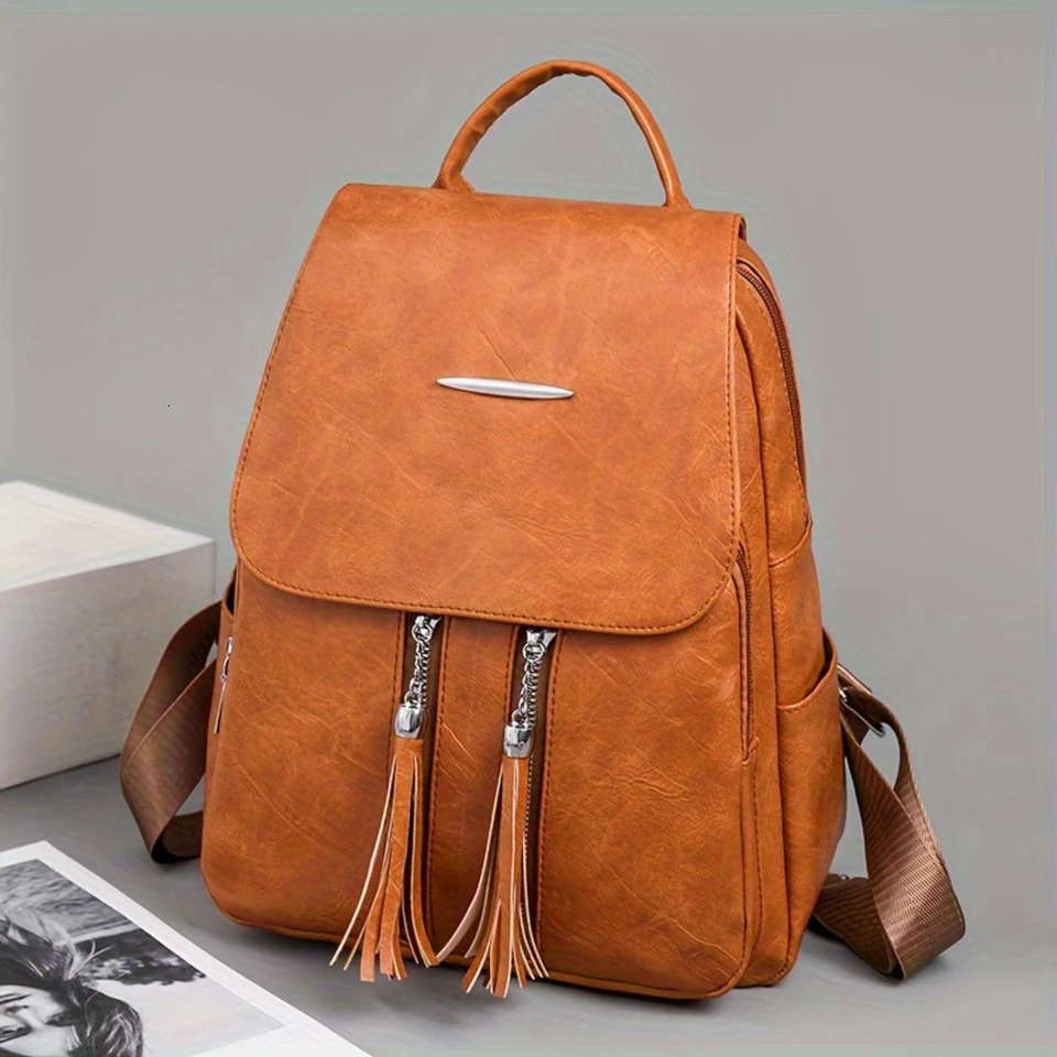 Ship from US 1 fashionable casual backpack soft PU leather large capacity tassel 250304FBB