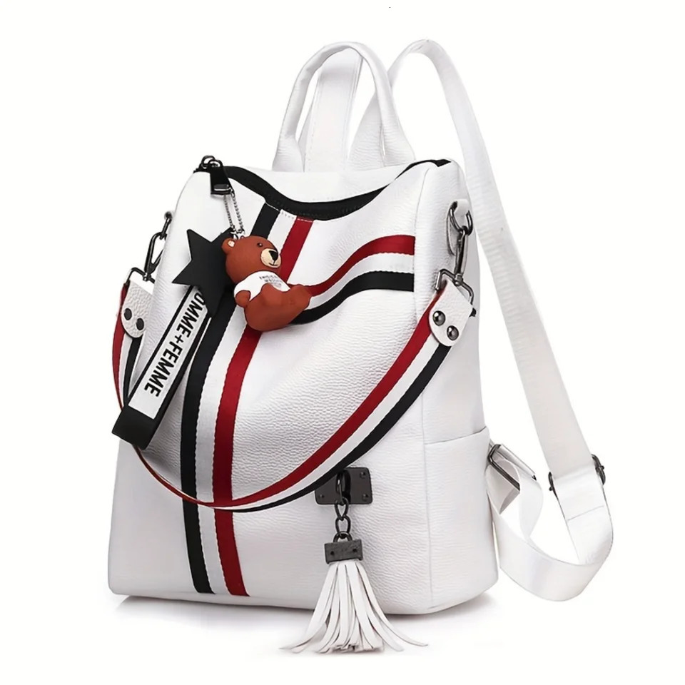 Ship from US Large Capacity Casual Backpack Detachable Strap Zipper With Pendant Shoulder Bag Striped Print 250304FBB