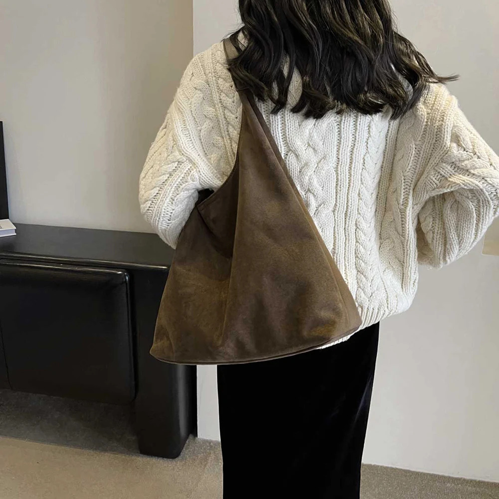 Ship from US Autumn Vintage Women Suede Shoulder Bag Solid Color Simple Tote Handbag Large Capacity Retro Hasp Closure Hobo for Travel 250304FBB