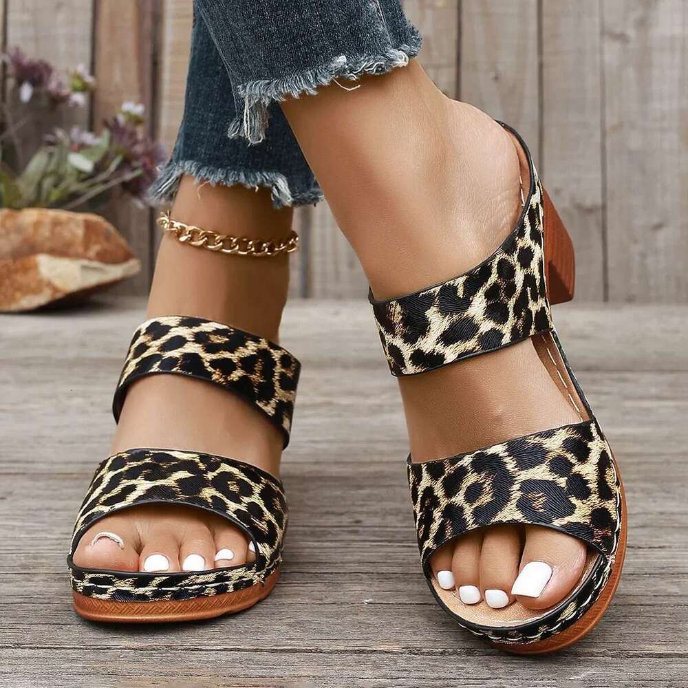 Women's Slippers Summer New Women Fashion Big Size Thick Heel Shoes Fish Mouth Outdoor Leopard Print Increase Sandals