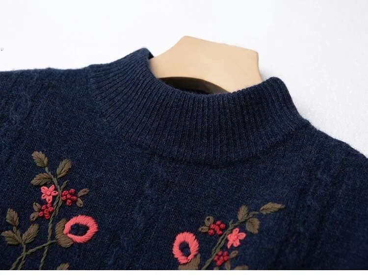 Women New Autumn And Winter Embroidered Half Turtleneck Solid Color Long-Sleeved Crew Neck Sweater