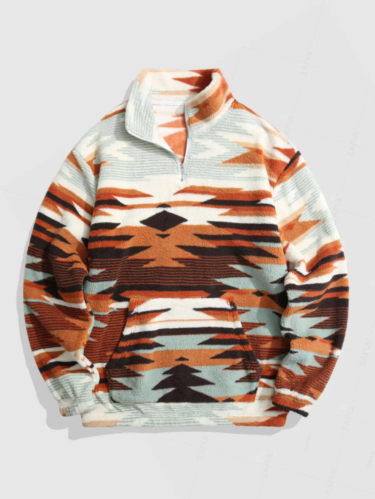 Mens Vintage Ethnic Style Fuzzy Fleece Half Zip Stand Collar Kangaroo Pocket n Pullover Sweatshirt 250304