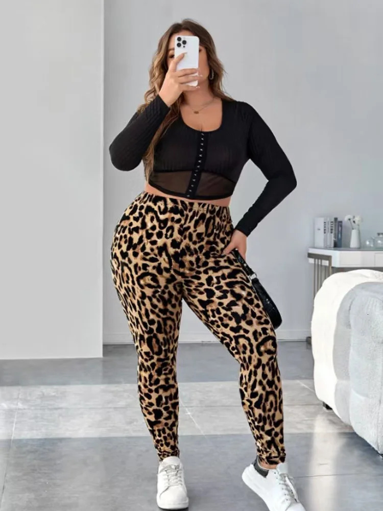 GIBSIE Plus Size Leopard Pattern Sexy Tight Legs Fashion Spring Autumn High Waist Womens Casual Elastic 250304