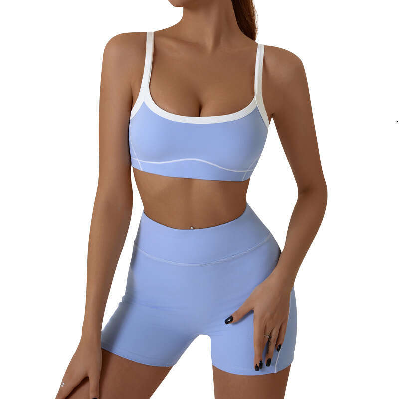 New European and American nude tight outdoor sports suit with thin shoulder contrasti colors, gerie straps, yoga clothes, 2025 new casual fashion tren