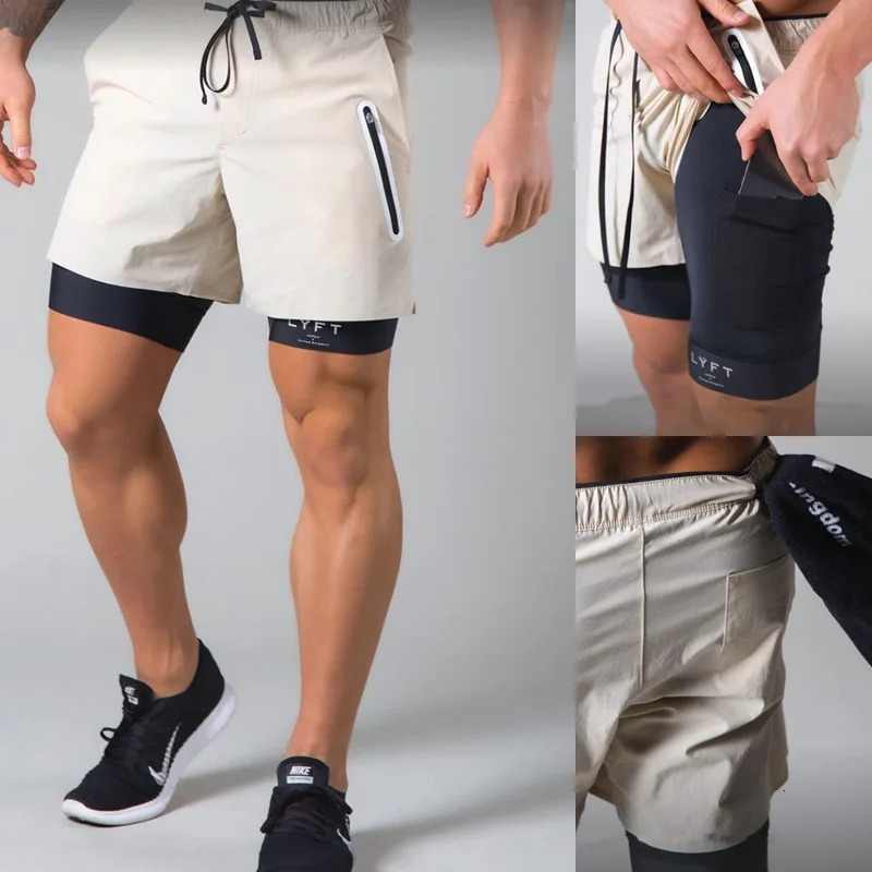 Double layered fitness shorts for men summer quick drying breathable woven 2in1 training gym clothing 250224