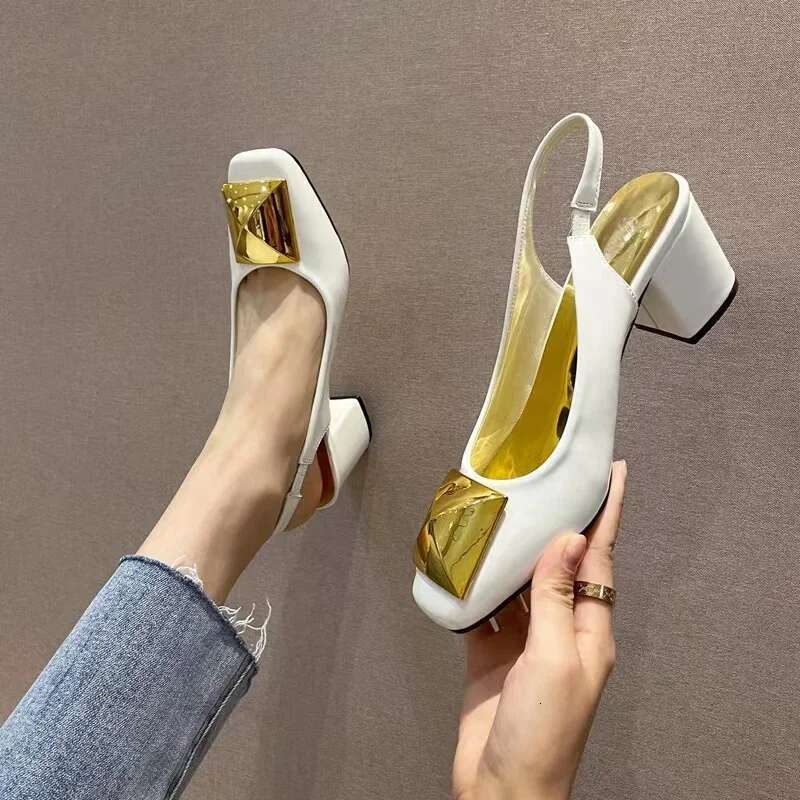 Summer New 2025 Metal Square Buckle Baotou Thick Heel Sandals Women Korean Shallow Mouth Slip-On Back Strap Sandalias De Mujer