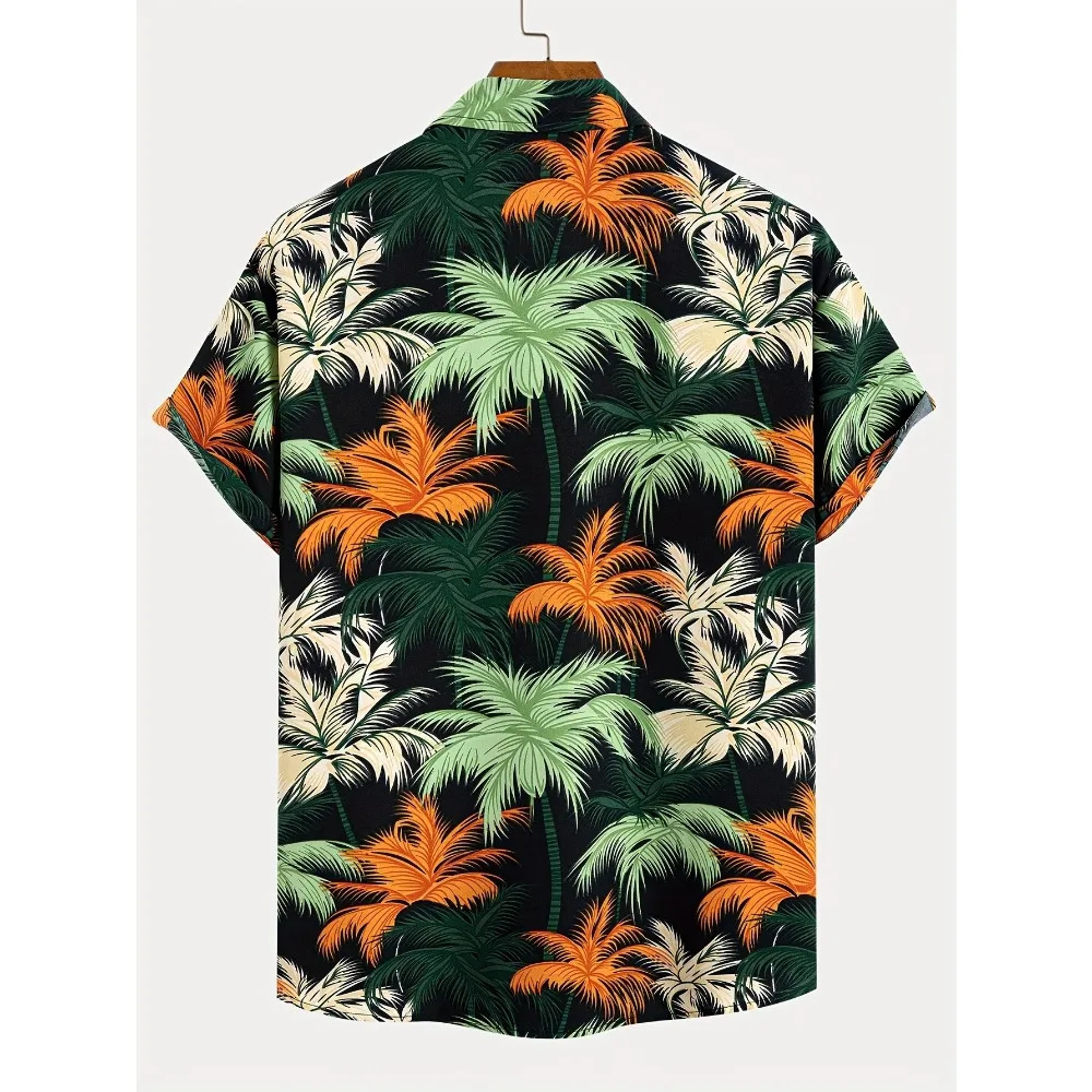 Tropical Coconut Tree Pattern Mens Short Sleeve Button Down Lapel Shirt for Summer Resort Holiday Hawaiian Style Oversized Tops 250227