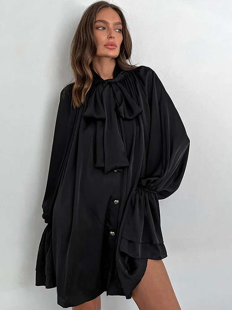 Elegant Bow Satin Mini Shirt Women Long Sleeve Single Breasted A-E Dresses 2025 Spring Summer Lady Commute Vestidos