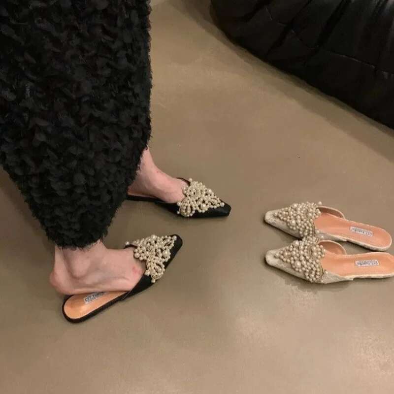 Women Bead Flats Slippers Summer Mules Shoes Sandals 2025 Trend Sgback Slides Walking Flip ps atillas De Mujer