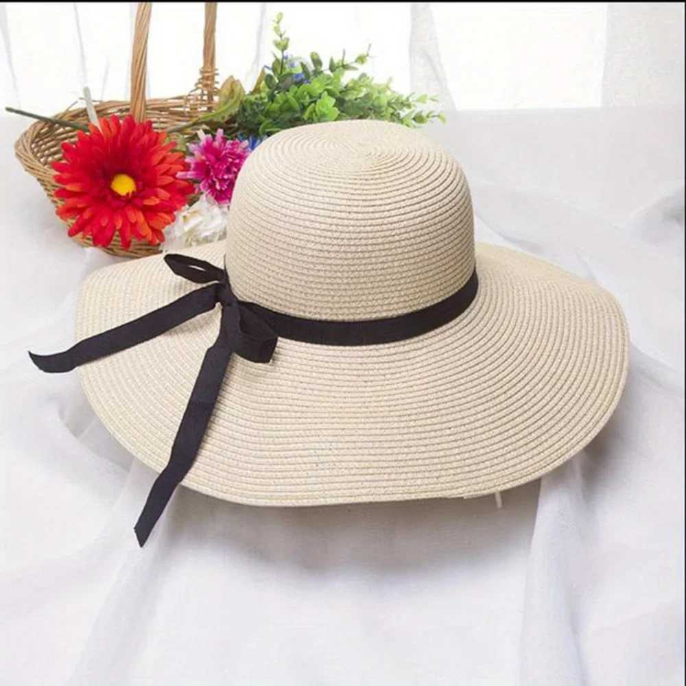 Large Eave Sunscreen Foldable Sun Hat Black Bow Tie Dge Beach Hat Outdoor Seaside Vacation Fashionable Beach Hat for WomanXJ250304