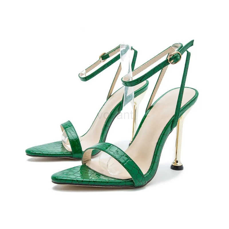 2024 New Ankle Buckle Strap Green High H Sandals Wens Pointed Toe Party Fem Shoes Sandalias Mujer Z250304