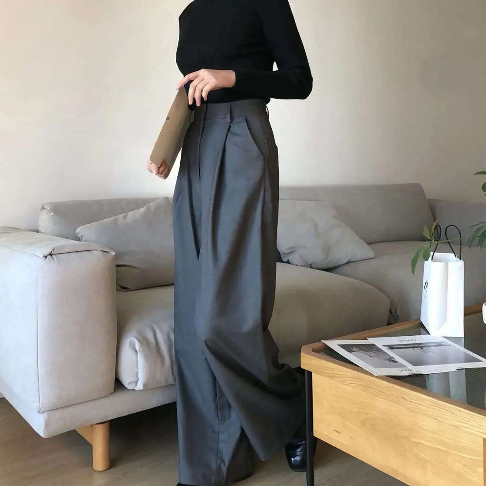 2025 Spring New Gray Suit Casual Or Lenght Straight-Leg Pants Wide-Leg Women Trousers