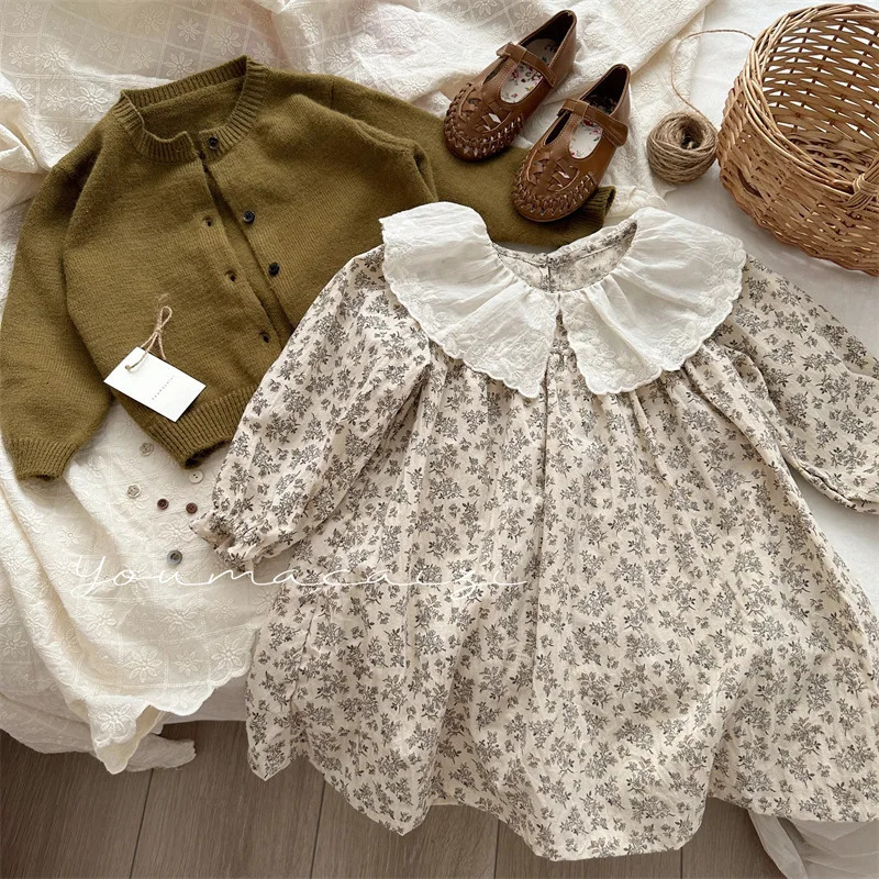7373 Childrens Dress Autumn Girl Flower Embroidered Lace Collar Cotton Casual 250303