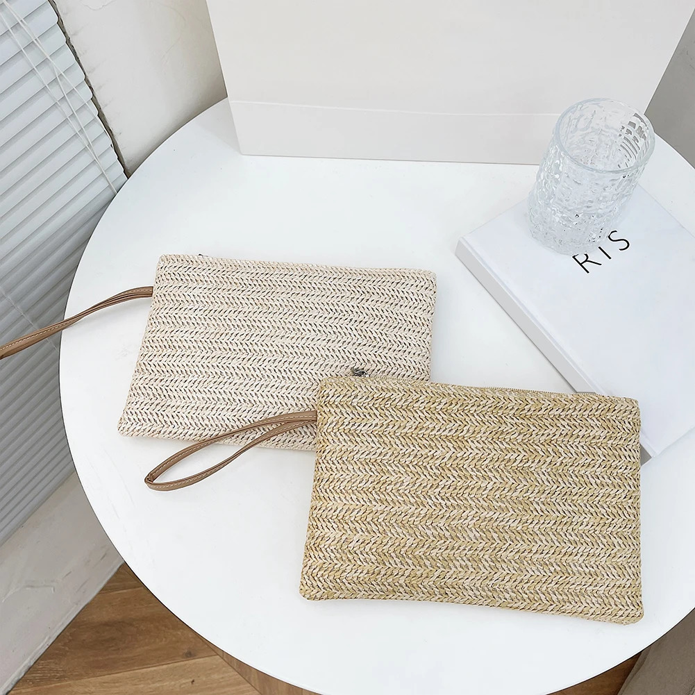 Fashion Women Bohemian Woven Clutch Wristlet Bag Casual Ladies Summer Beach Solid Color Small Handbags Purse White Beige Gifts R250312