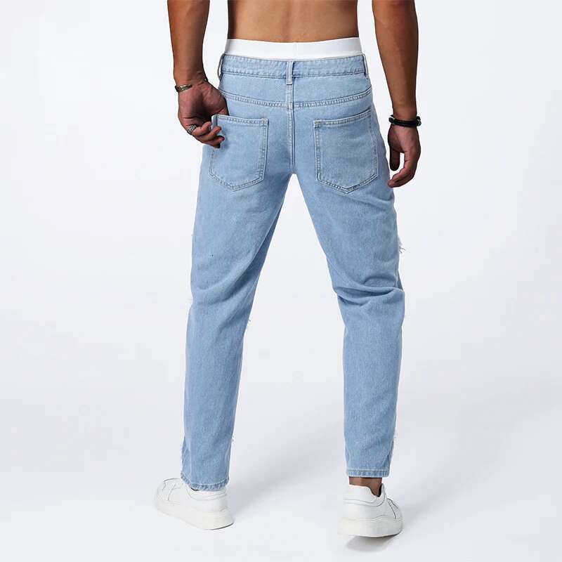 American High Street Broken Hole Jeans Slim Small Leg Summer Thin Section Light Blue Casual Elastic Pants Men