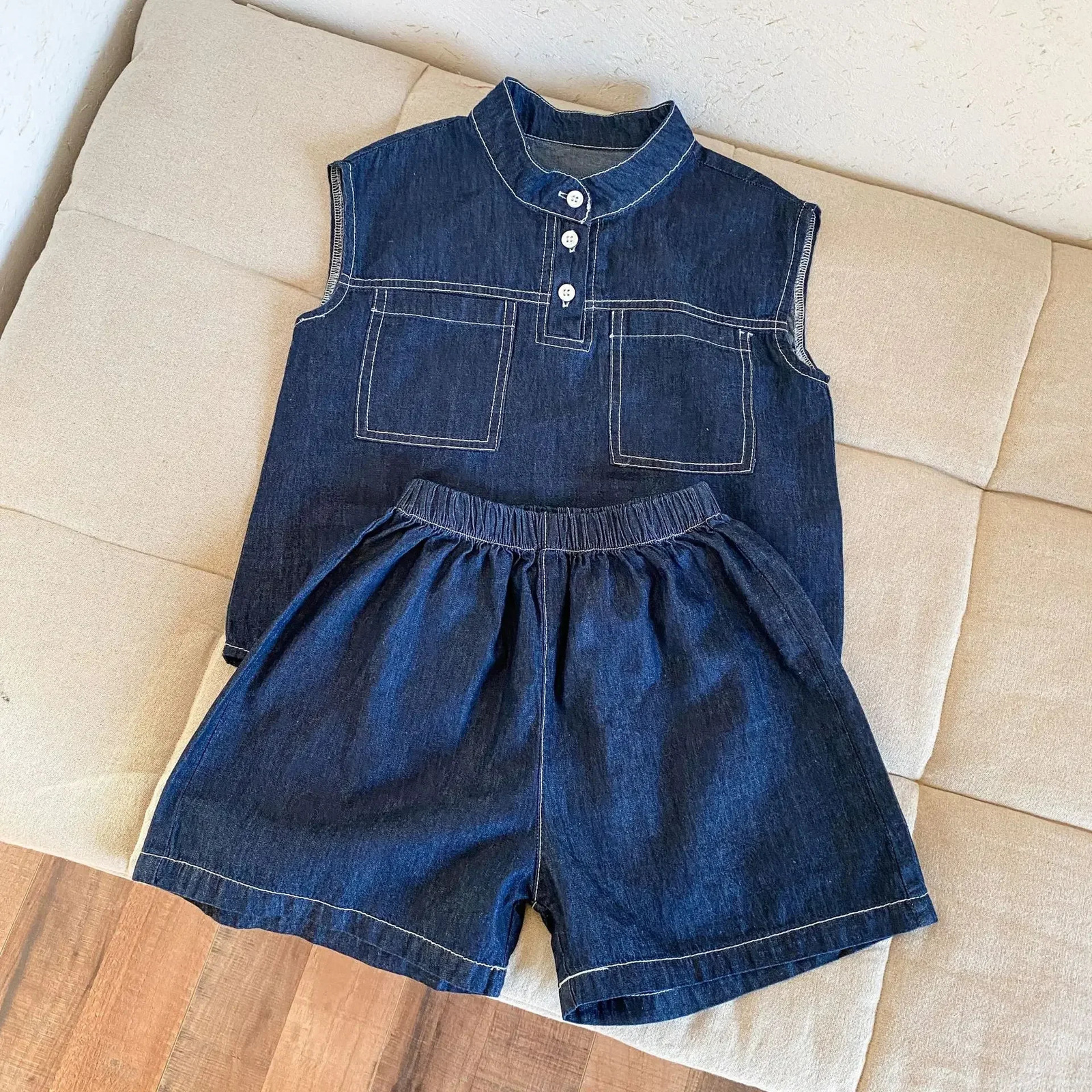 Brother And Sister Clothes Summer Childrens Denim Suit Boy Vest short Or Girl Backless Dress 250304