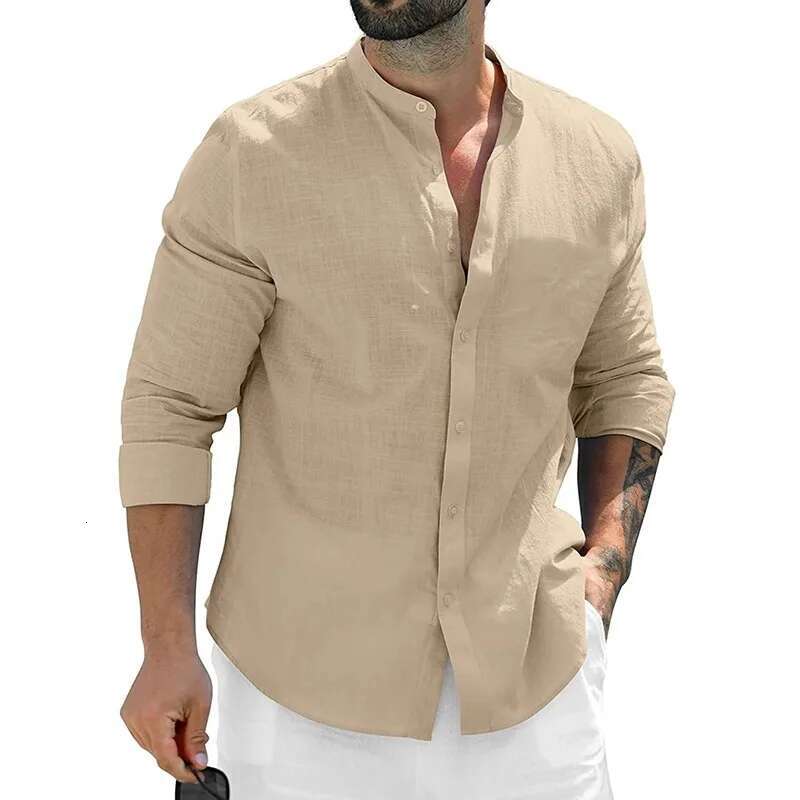 Autumn New Men's Long Sleeved Cotton Designer Business T-shirt Breathable Solid Color Street Wear Casual Button Comfortable Shirt Men's Whit