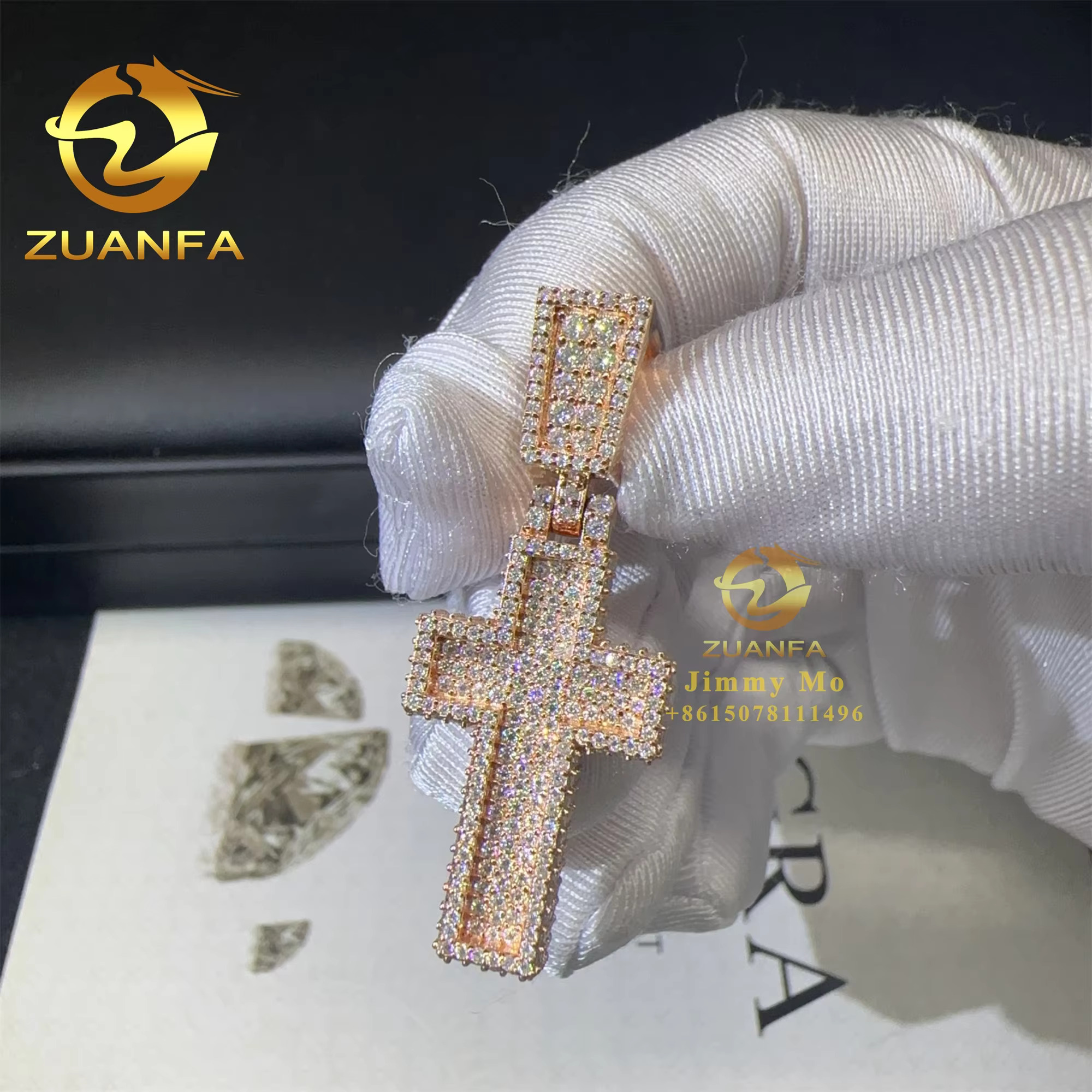 1" Elegant Jewelry Hip Hop Sterg Sier Rose Gold PlatedFull With Moissanite Dia Cross Pendant Necklace